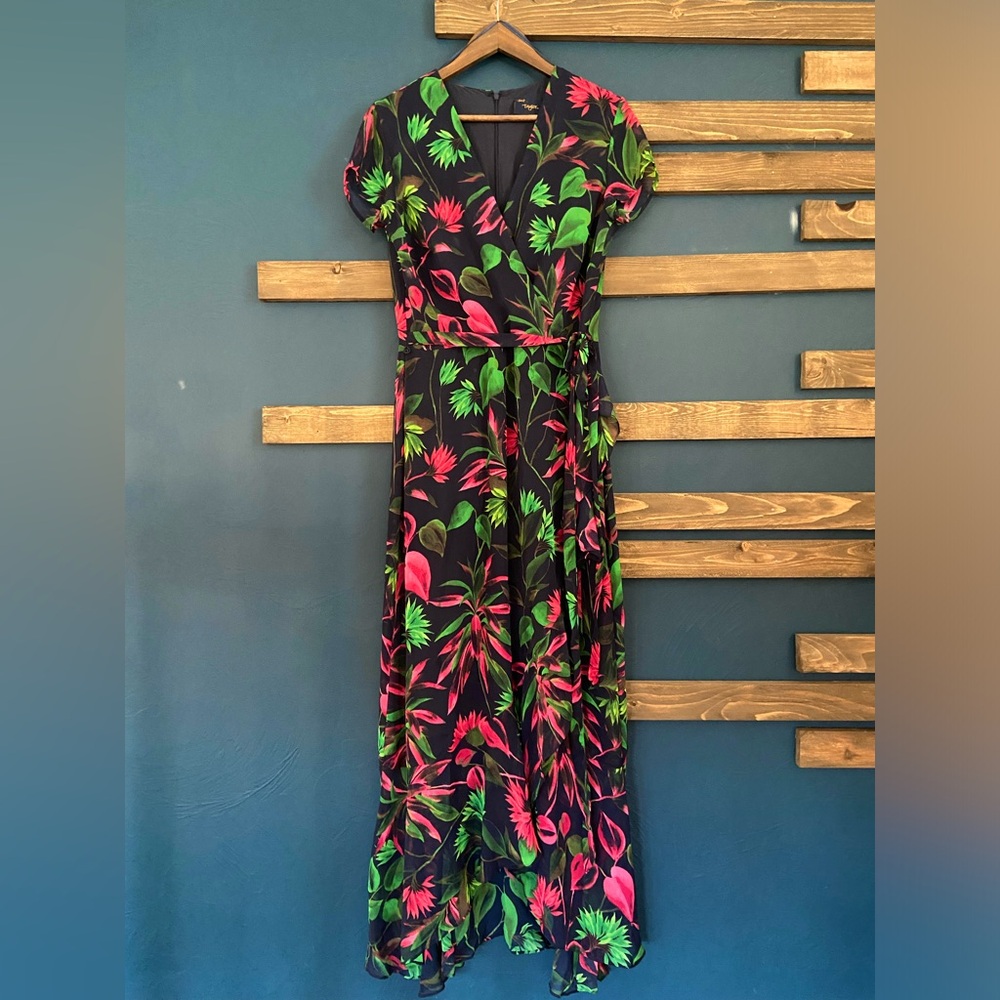 Just Taylor Tropical Sheer Faux Wrap Maxi Dress